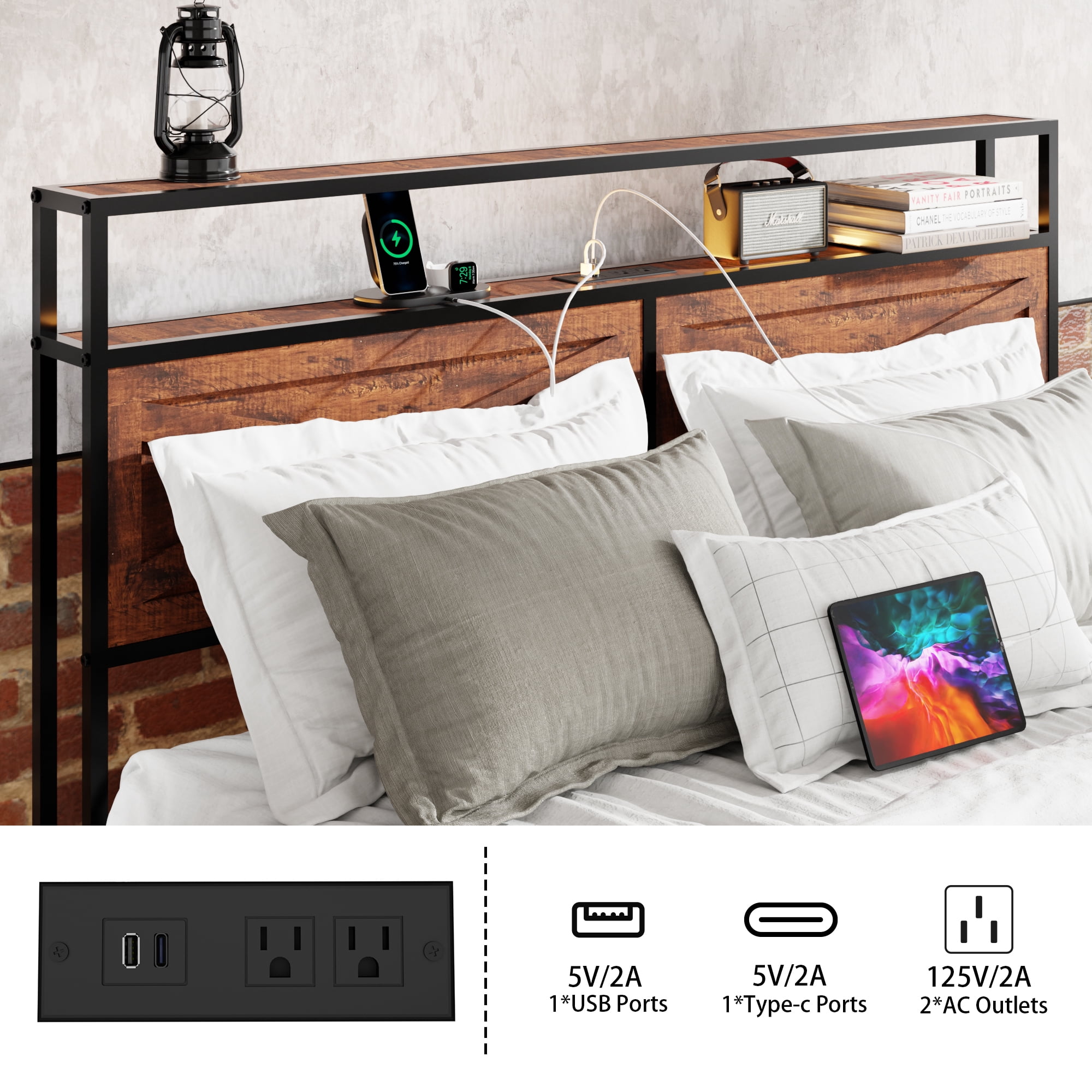 BSHTI Queen Bed Frame with 12 Storage Drawers, Wood & Metal LED Platform Bed Frame with Storage Headboard & Drawers, Charging Station, No Box Spring Needed, Farmhouse Style for Bedroom, Rustic Brown