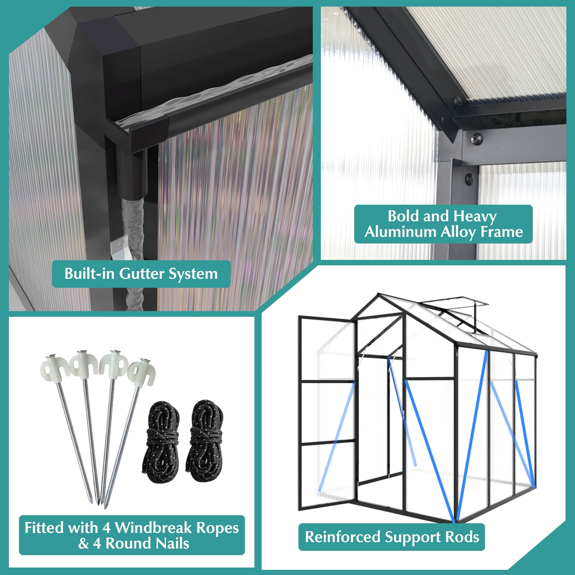 MAYEERTY 6x6 FT Walk-in Greenhouse with Raised Base, Aluminum Frame, All-Season Windproof Outdoor Greenhouse