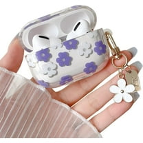 Compatible with AirPods 3rd Gen Clear Case,Cute Cartoon Flower Earphone Cover with Floral Keychain, Soft Transparent TPU Protective Case for AirPod 3 for Girls Women-Purple