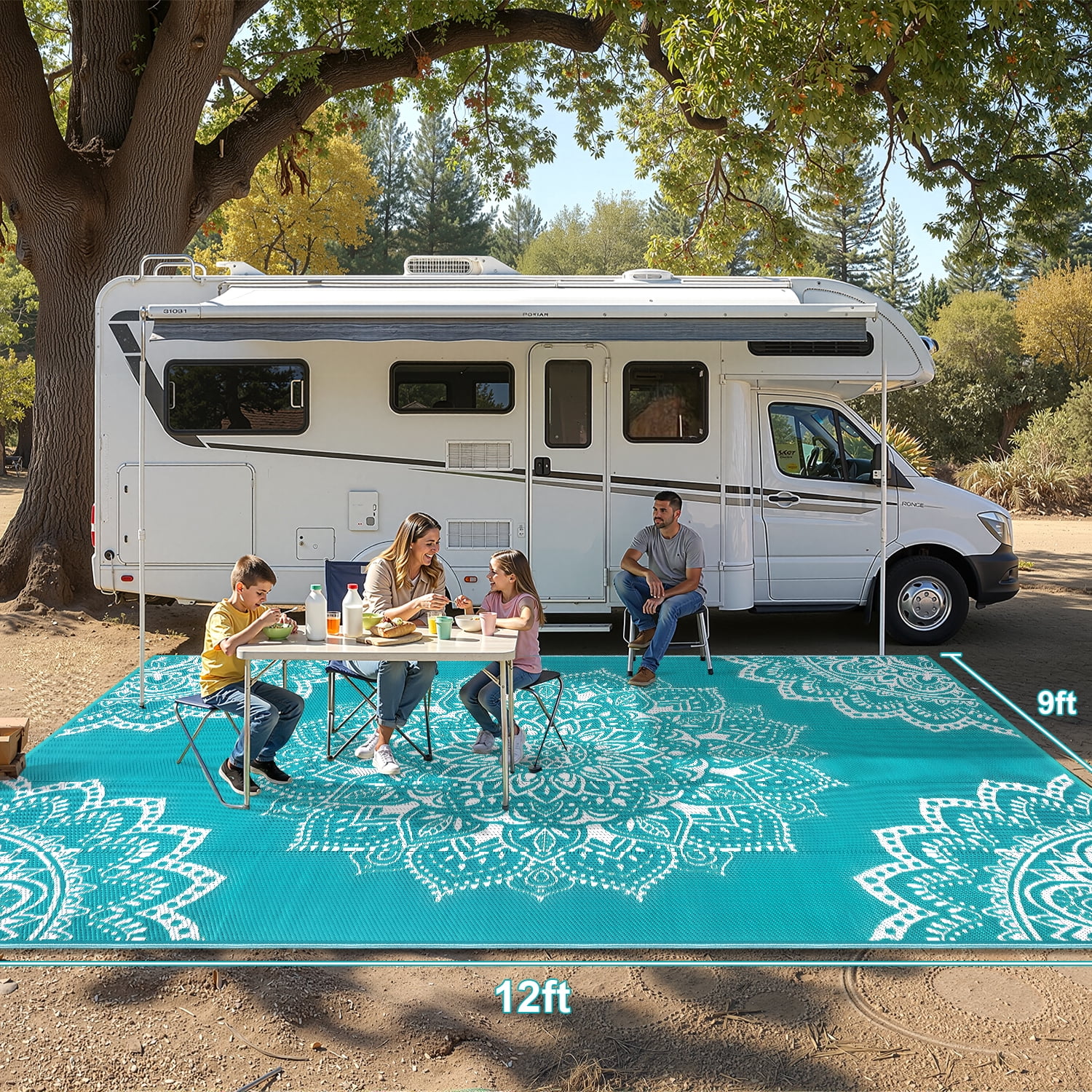 Findosom 9'x12' Outdoor Rugs Large Patios RV Outdoor Rug Reversible Waterproof Camping Rugs Portable Plastic Straw Outdoor Area Rug for Camping, RV, Balcony, Patio, Picnic,Teal