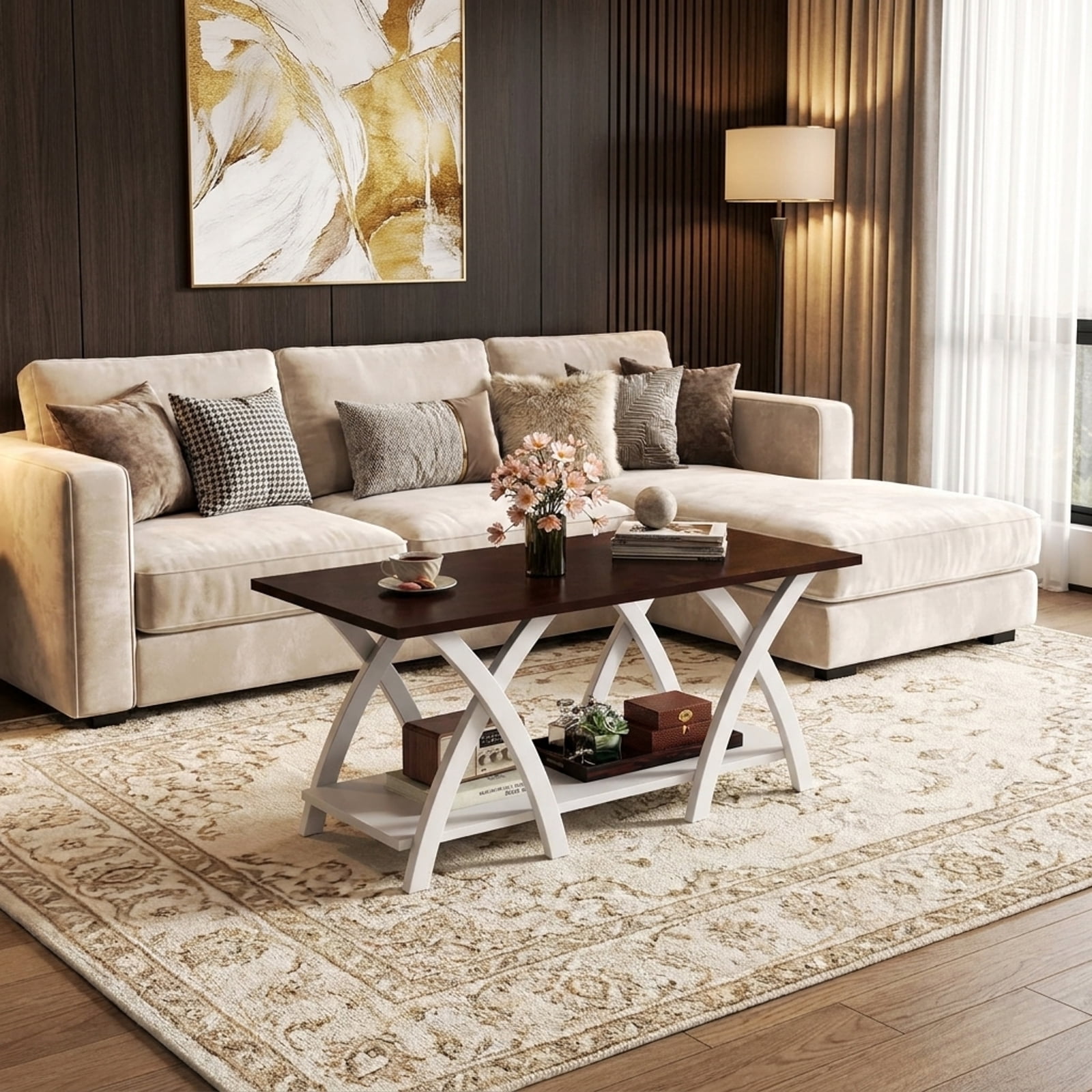Furnibear 40 Inch Farmhouse Wooden 2-Tier Coffee Table with Storage Shelf for Living Room - Walnut - Living Room Cocktail Center Table
