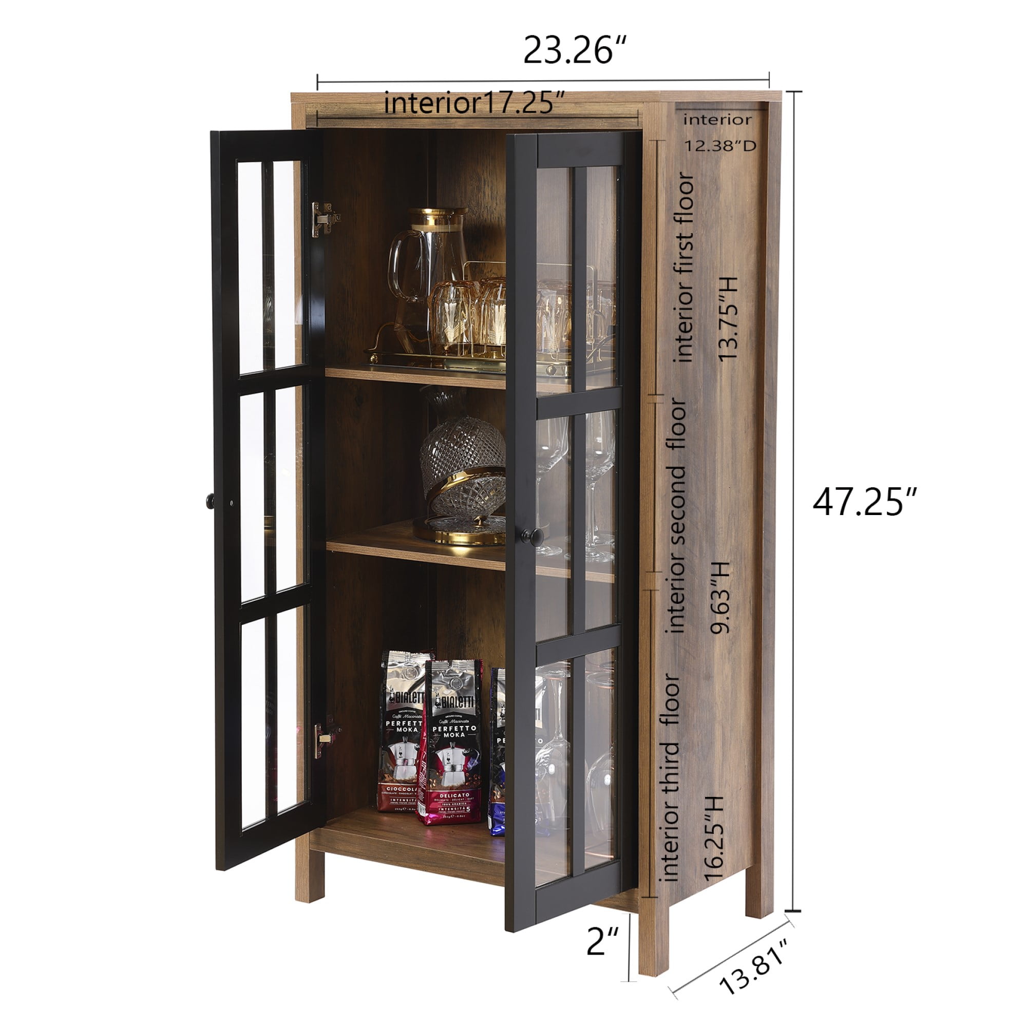 LuxenHome 47.2" Farmhouse Storage Cabinet with Glass Doors, Tall Pantry Cabinet, Glass Display Cabinet