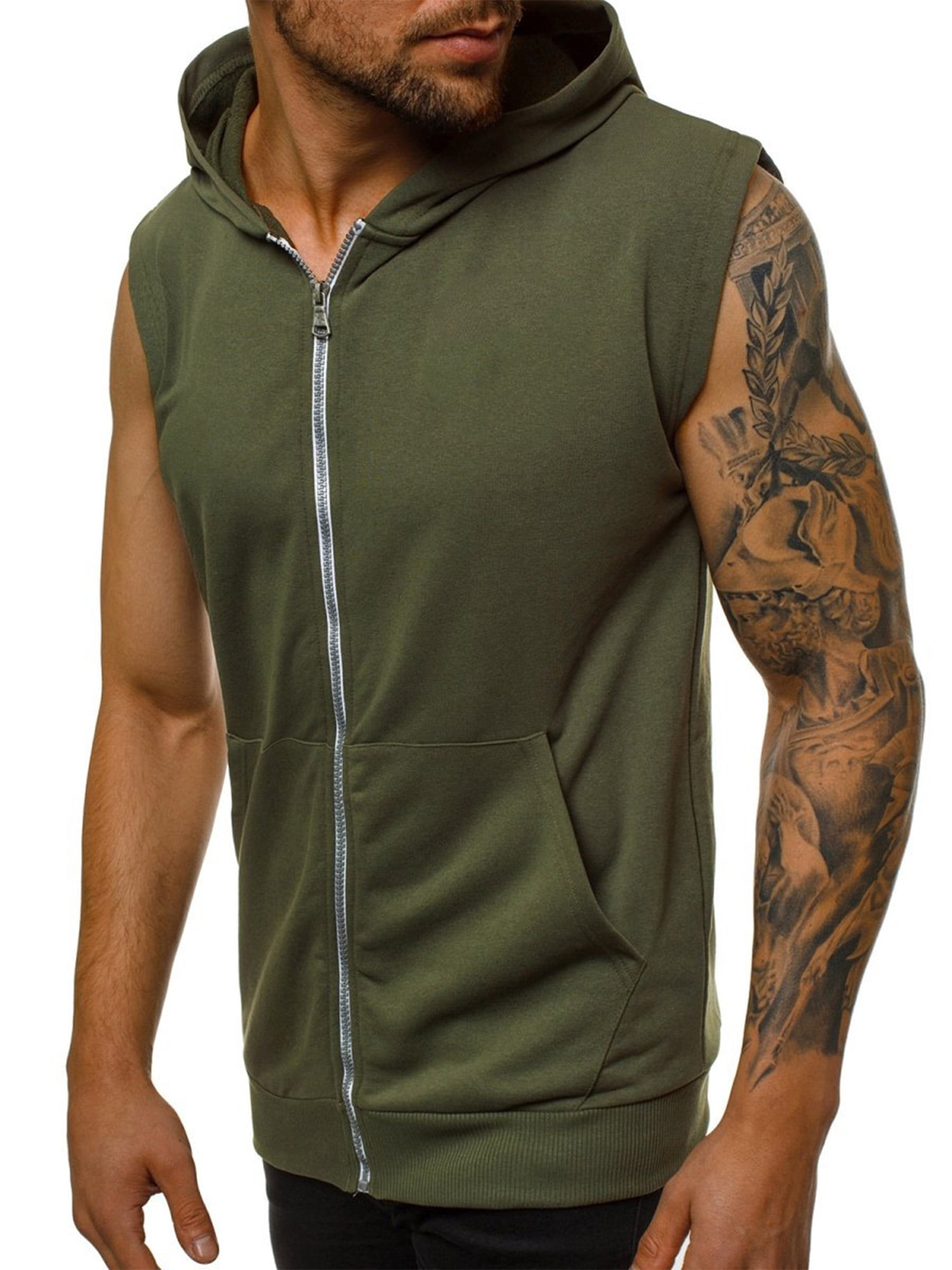 Men's Hooded Oversize Zippered Outdoor Vest Sleeveless Workout Top T-shirt 