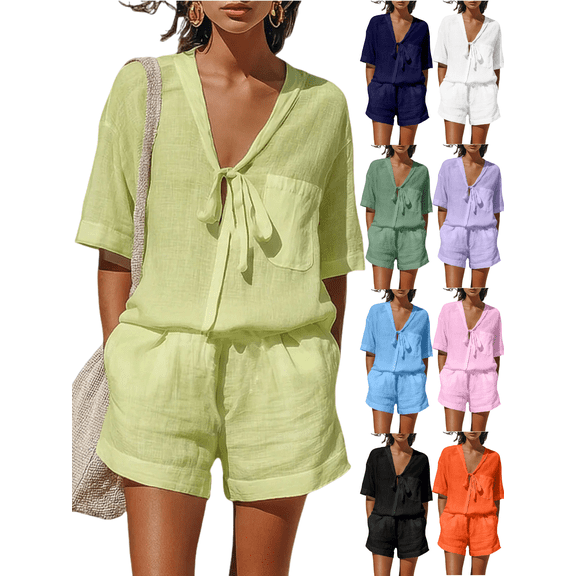 Xdegoge Linen Sets for Women 2 Piece V Neck Short Sleeve Matching Set Tie Front Tops and Shorts with Pockets Fashion Loose Comfortable Casual Breathable Outfits