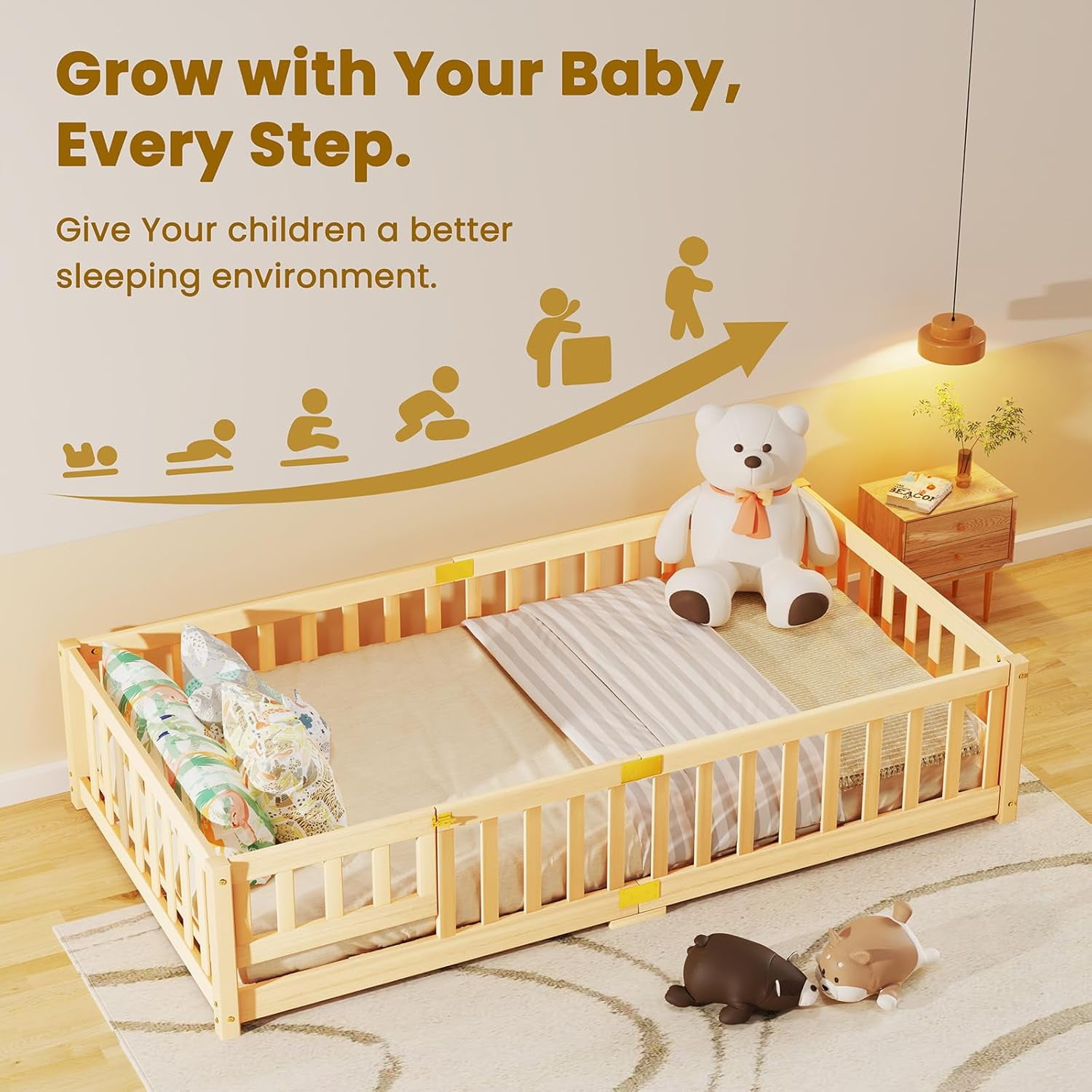 Slsy Montessori Floor Bed for Kids, Solid Wood Toddler Bed Frame w/Convertible Door and Safety Fence, Floor Bed Frame for Children Bedroom, Toddlers, Boys Girls, Kids Playroom, Twin / Full