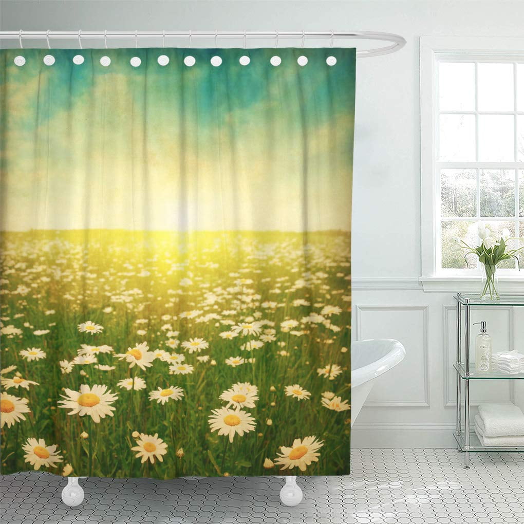 CYNLON Yellow Daisy Field at Sunset in and Retro Blue Bathroom Decor