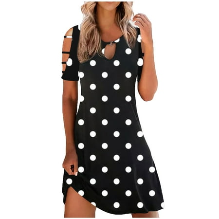 

jsaierl Womens Summer Dress 2023 Casual Print Dress Elegant Short Sleeve Midi Dress Loose Crew Neck Boho Dress