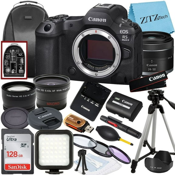 Canon EOS R5 Mark II Mirrorless Camera with RF 24-50mm Lens, SanDisk 128GB Memory Card, Backpack and ZeeTech Bundle (International Version)