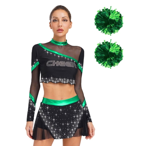 Moggemol Womens 3Pcs Cheer Leader Outfits School Cheerleading Uniform Set Green L