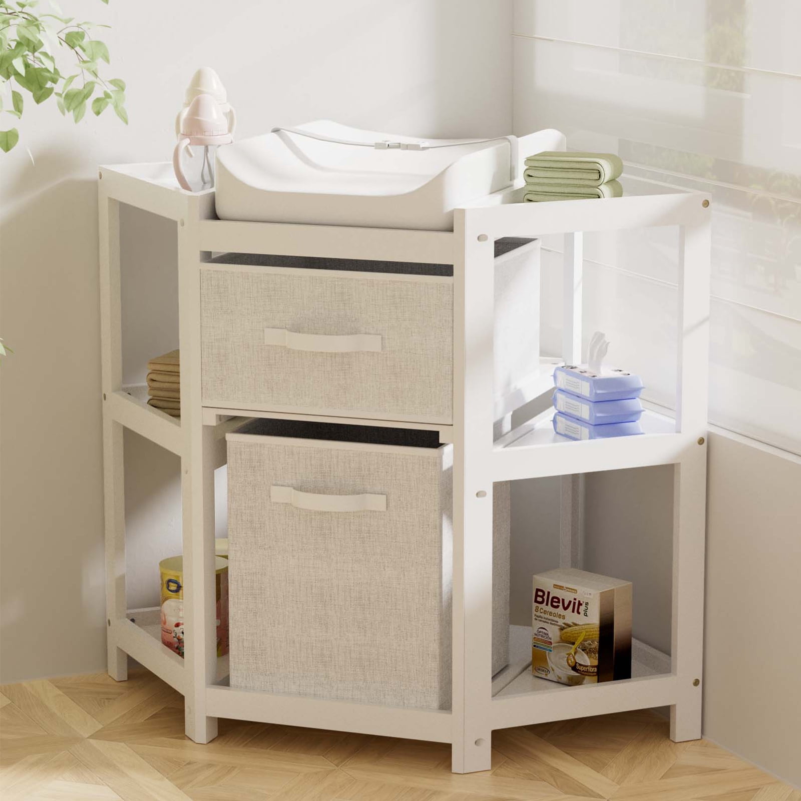 KORIMEFA Children Changing Table with Pad, Corner Diaper Changing Table with Laundry Hamper, Storage Bin, Contoured Pad for Baby - White