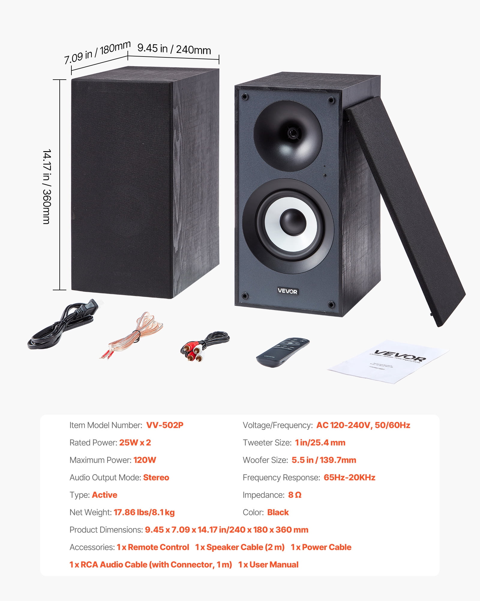 VEVOR Powered Bookshelf Speakers, 25W x 2,Active Studio Monitor Speaker with 5.5 Inch Woofer,Bluetooth/RCA/Coaxial/Optical/USB/Subwoofer Connection,Wooden Enclosure,for Record Player Turntable PC