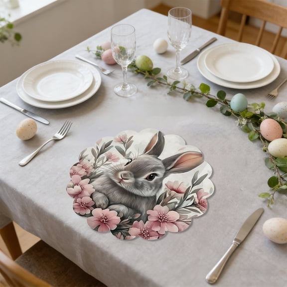 Kumdkd Easter Placemats Set of 1, 14.96in Round Bunny Print Table Mats with Lace Edge, Linen Seasonal Decor for Spring, Summer, and Holiday Dining Table Decorations