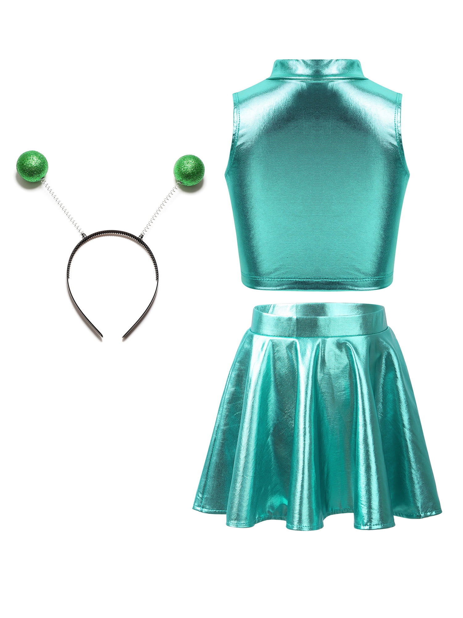 Doomiva 3Pcs Space Alien Outfit for Girls Holographic Metallic Skirt with Crop Top and Hair Hoop Set Lake Blue 16