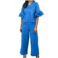 thumbnail image 1 of AherBiu Cotton Linen Sets for Women Layered Ruffle Short Sleeve V Neck Tops Pants 2 Piece Lounge Sets, 1 of 6