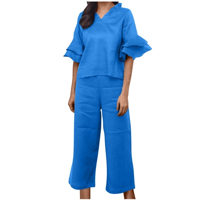 AherBiu Cotton Linen Sets for Women Layered Ruffle Short Sleeve V Neck Tops Pants 2 Piece Lounge Sets
