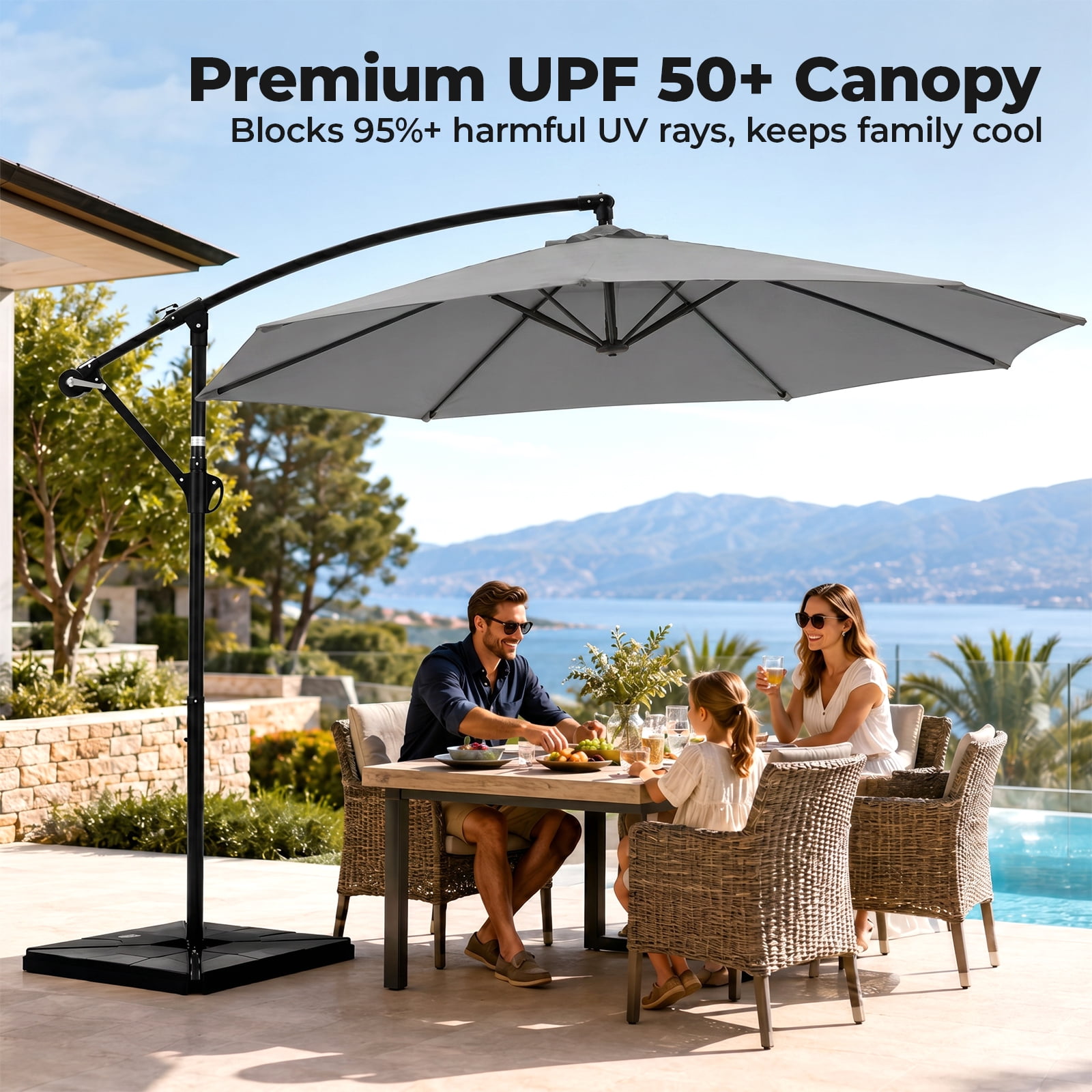 Alvantor 9.8ft Offset Patio Umbrella Hanging Cantilever Beach Umbrella Outdoor Sun Shade with Easy Tilt, UPF50+ Protection, 8 Ribs, for Backyard, Patio, Pool