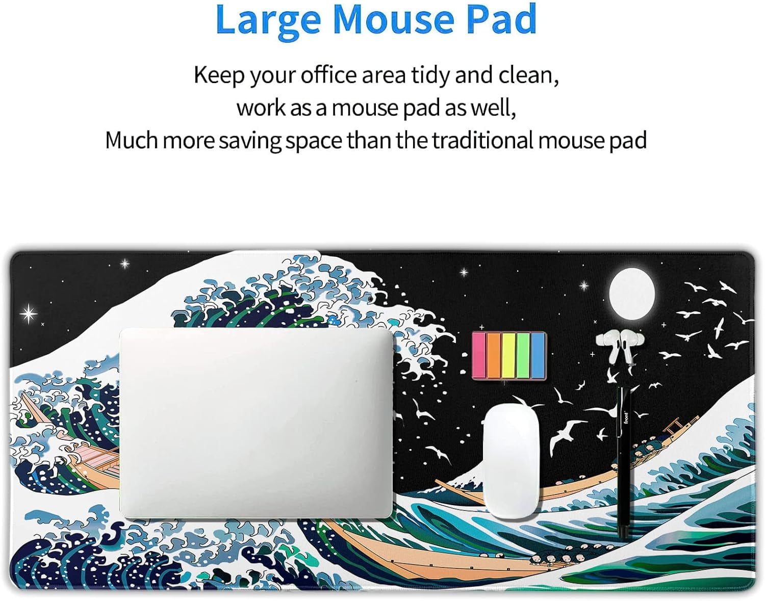 Japanese Black White Gaming Mouse Pad XXL Blue Green Sea Wave Moon Birds Extended Big Large Desk Mat Non-Slip Rubber Base Stitched Edge Long Keyboard Mousepad for PC Computer Laptop,35.4×15.7 in