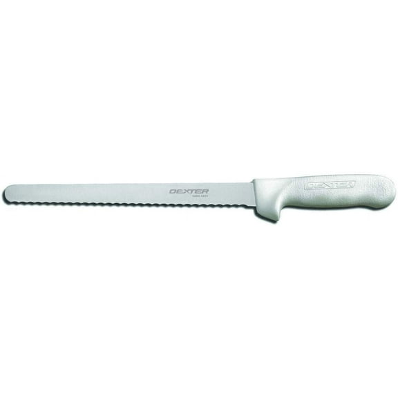 Dexter Sani-Safe® Stainless Steel Scalloped Utility Slicer with White Polypropylene Handle - 10"L Blade