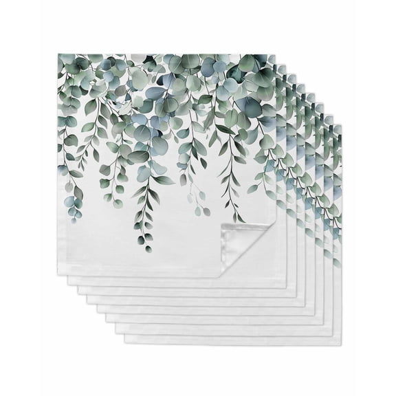 Green Eucalyptus Leaves Cloth Napkins Washable Set of 8, Summer Botanical Watercolor Reusable Dinner Table Napkins Cloth Bulk for Weddings Kitchen Restaurants Hotel Events Parties 20 x 20 Inch