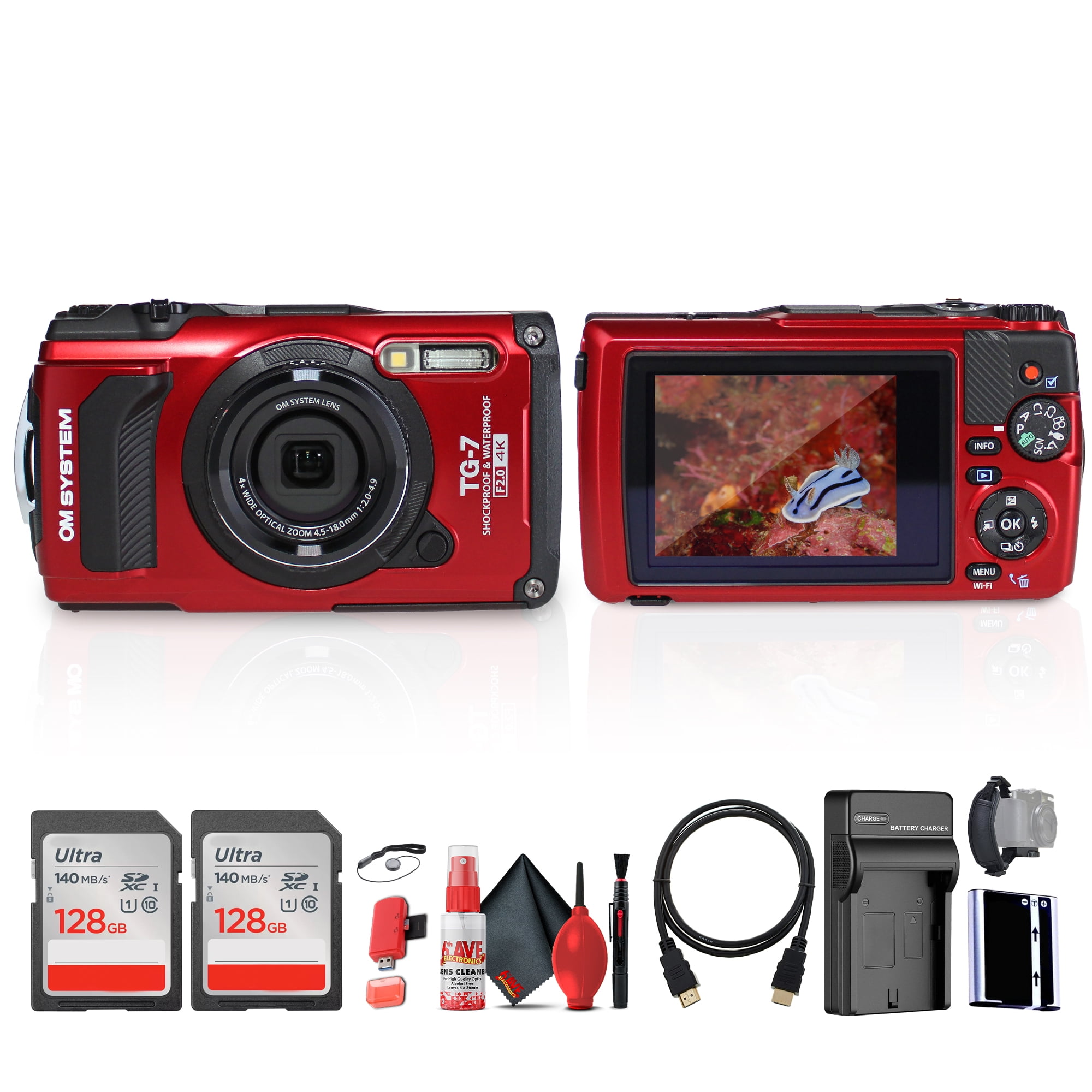 OM SYSTEM Tough TG-7 Digital Camera (Red) (V110030RU000) Bundle