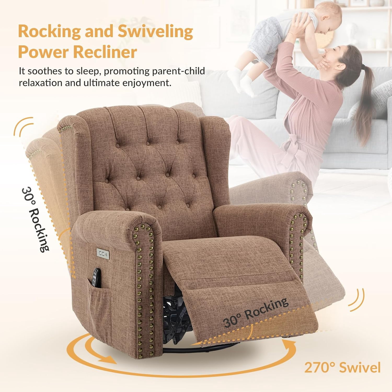 Power Swivel Rocking Glider Recliner Chair, Electric Nursery Reclining Sofa Chair with Heat and Massage, Wingback Tufted Upholstered Recliner for Living Room, USB and Type-C Ports, Brown