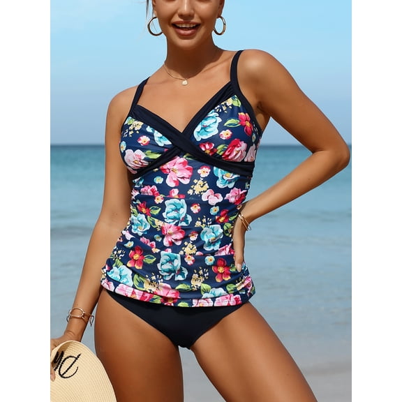 Attraco Two Pieces Tankini Set For Women Retro Vintage Flower Print V Neck High Waist Swimsuit