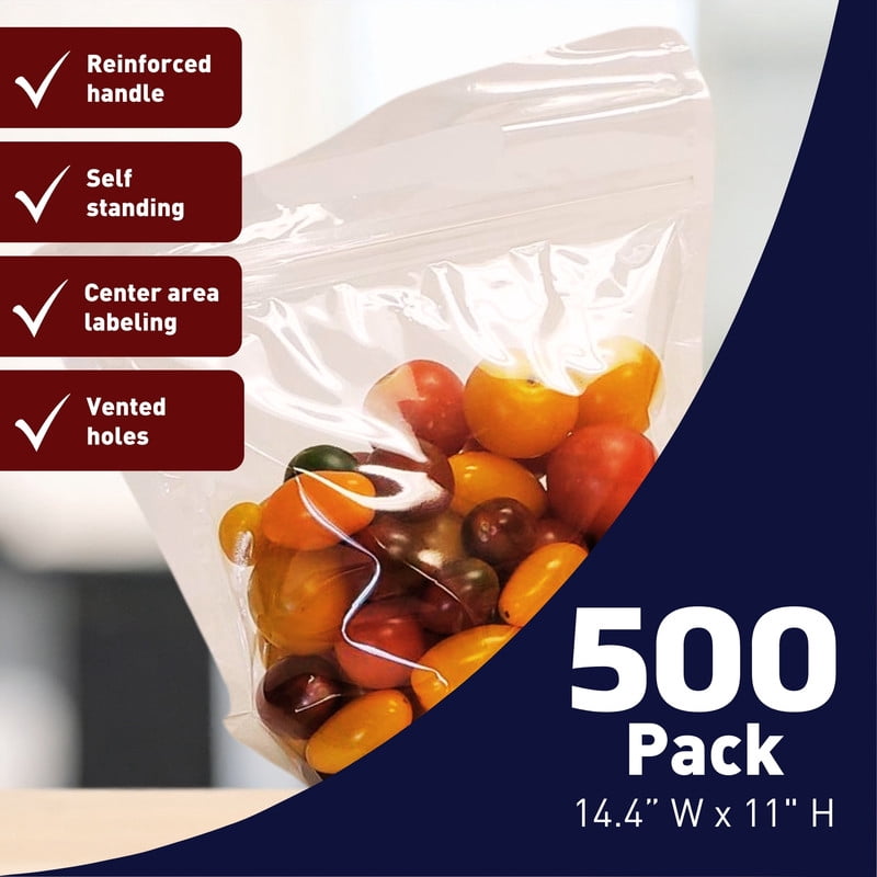 Harris Seeds Clear Extra Large Grab ‘n Go Produce Bags with Handles and Zipper, 14.4 x 11 in, 500 Count