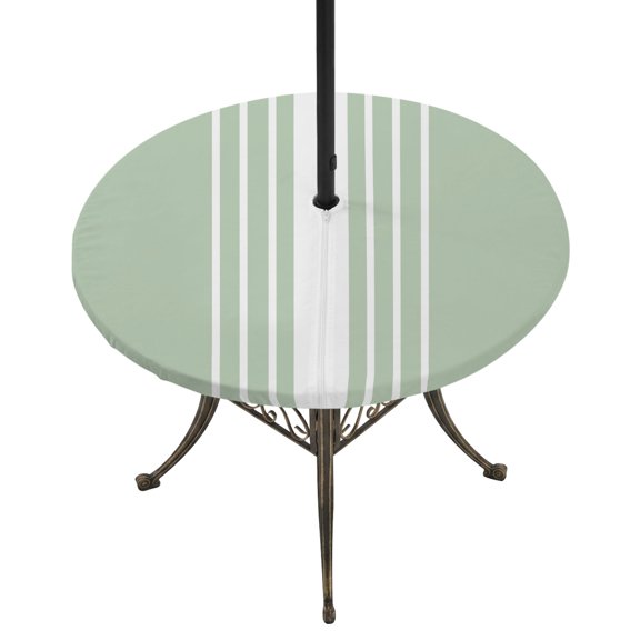 Outdoor Tablecloth with Umbrella Hole and Zipper Sage Green Vertical Stripes Round Fitted Table Cover with Elastic Waterproof Classic Striped Patio Tablecloths for Picnic BBQS Garden Fit 55"-60"