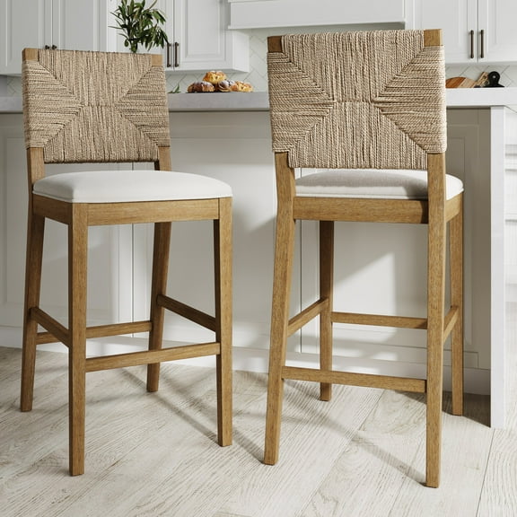 Nathan James Beacon Bohemian Boucle Bar Stool with Back, Bar Height Kitchen Island Chair, Seagrass Bar Stool, Cream Boucle/Brushed Light Brown, Set of 2