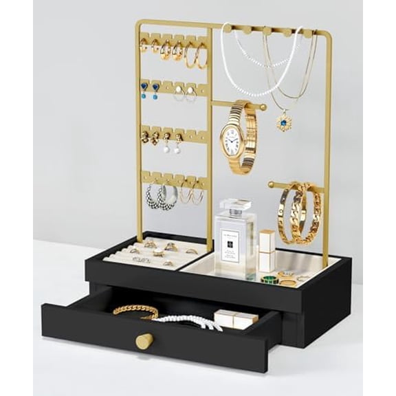 Black and Gold Jewelry Organizer Stand Necklace Holder, Decorative Jewelry Tower Stand for Earrings Rings Bracelets, Necklace Display Hanger Tree for Women Dresser Top (Black and Gold)