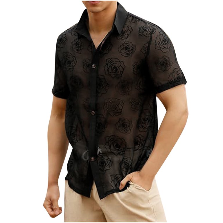 トップス SHEER FLOWER SHORT SLEEVE SHIRTS BLACK Men's Fashion Black Button Shirt Floral Print Lightweight
