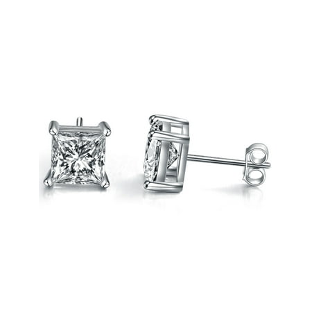 Emma Manor Gold Plated 925 Sterling Silver 4 Prong Square Shape Cubic Zirconia Stud Earring