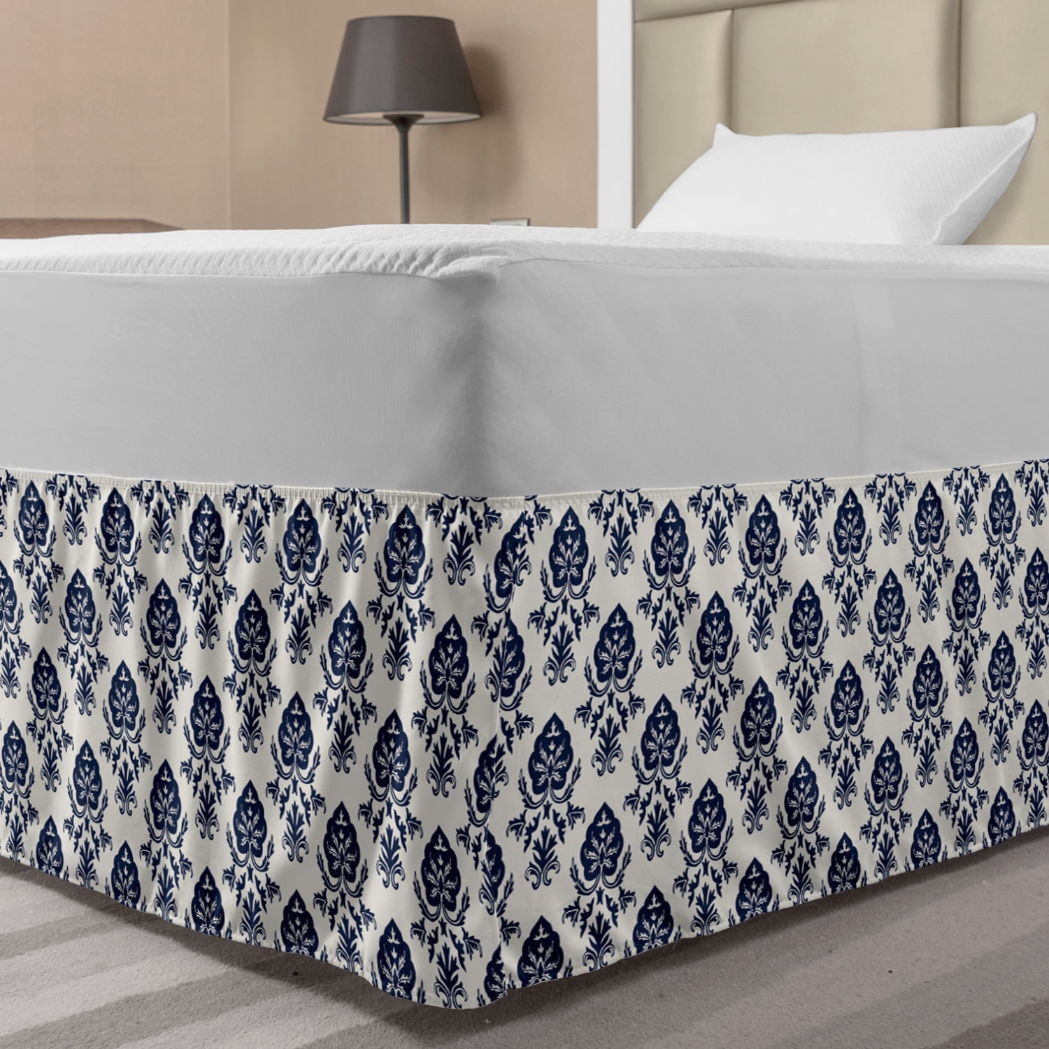 Damask Bed Skirt, Monochrome Traditional Leaves Ornaments Rhythmic