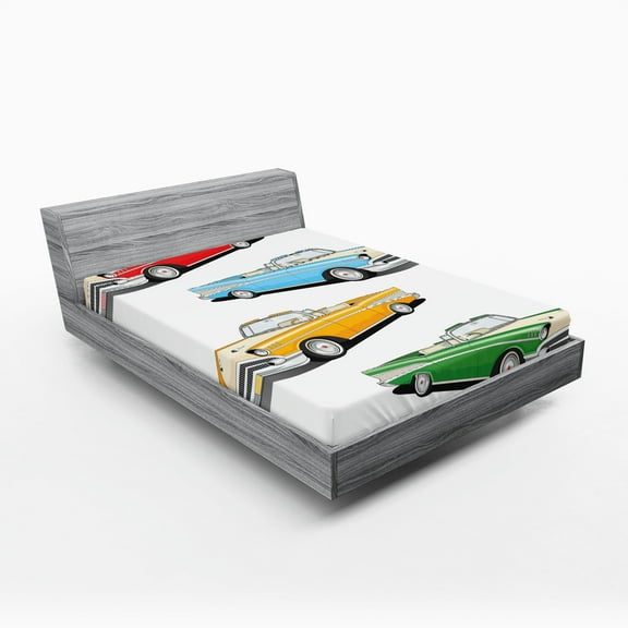 Ambesonne Colorful Fitted Sheet, Roadsters Old Vintage, California King, Multicolor
