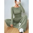 thumbnail image 6 of Women'S 2 Piece Matching Lounge Set Long Sleeve Boat Neck Top Wide Leg Pants Casual Sweatsuit Bean Green L, 6 of 9