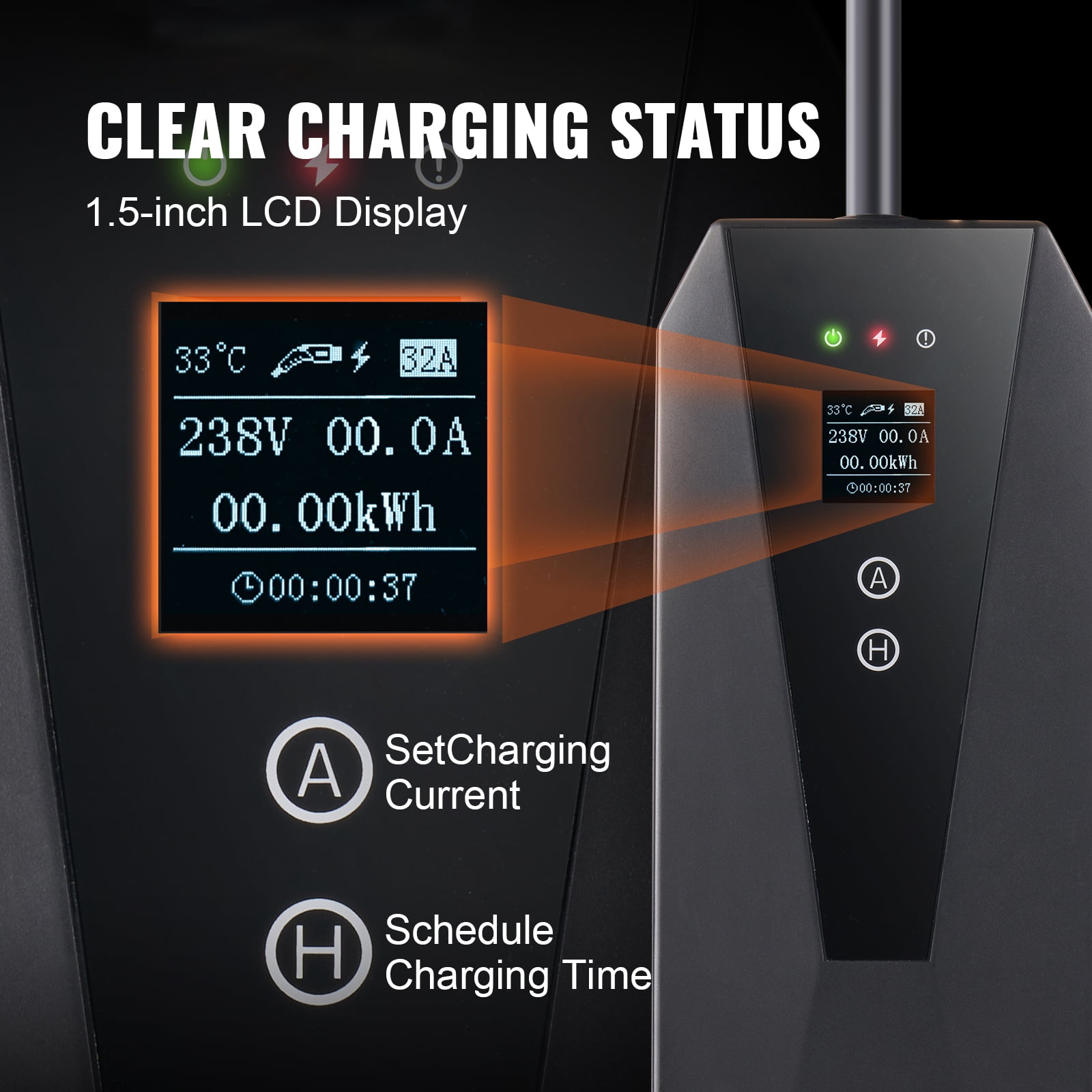 KFFKFF Portable Charger for Electric Vehicles, Level 2, 32 Amp 240V, Equipped with 28 ft Charging Cable and NEMA 14-50P Plug, Adjustable Current 16/20/24/32A