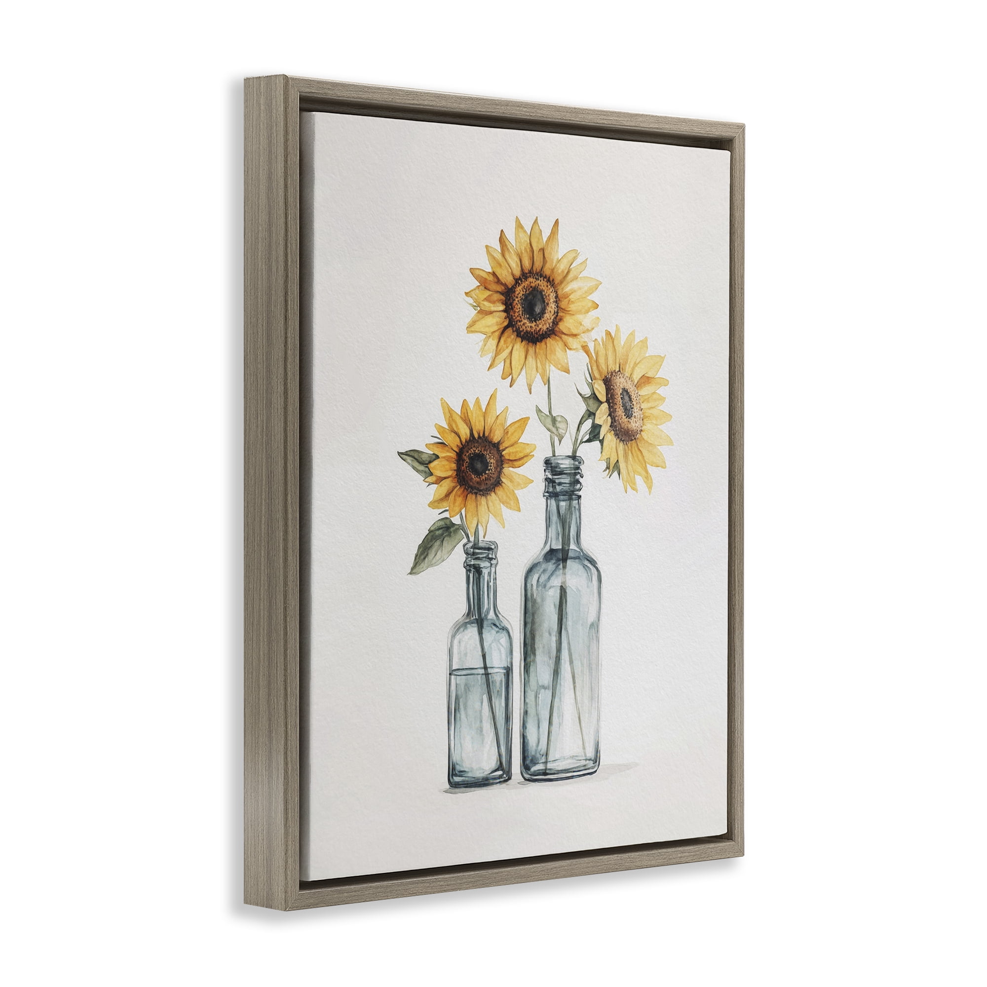 Stupell Industries Sunflowers in Bottles Trio Plants & Flowers Painting Brown Floater Framed Canvas Art Print Wall Art, 25 x 31