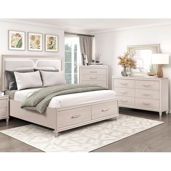 Luxurious Bedroom Set 4-Pieces LED Cal-king Storage Bed Dresser Mirror Chest Furniture