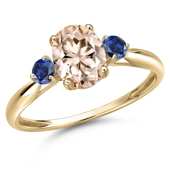 Gem Stone King 10K Yellow Gold Peach Morganite and Blue Created Sapphire 3-Stone Ring for Women | 1.28 Cttw | Oval 8X6MM | Gemstone October Birthstone | Size 8