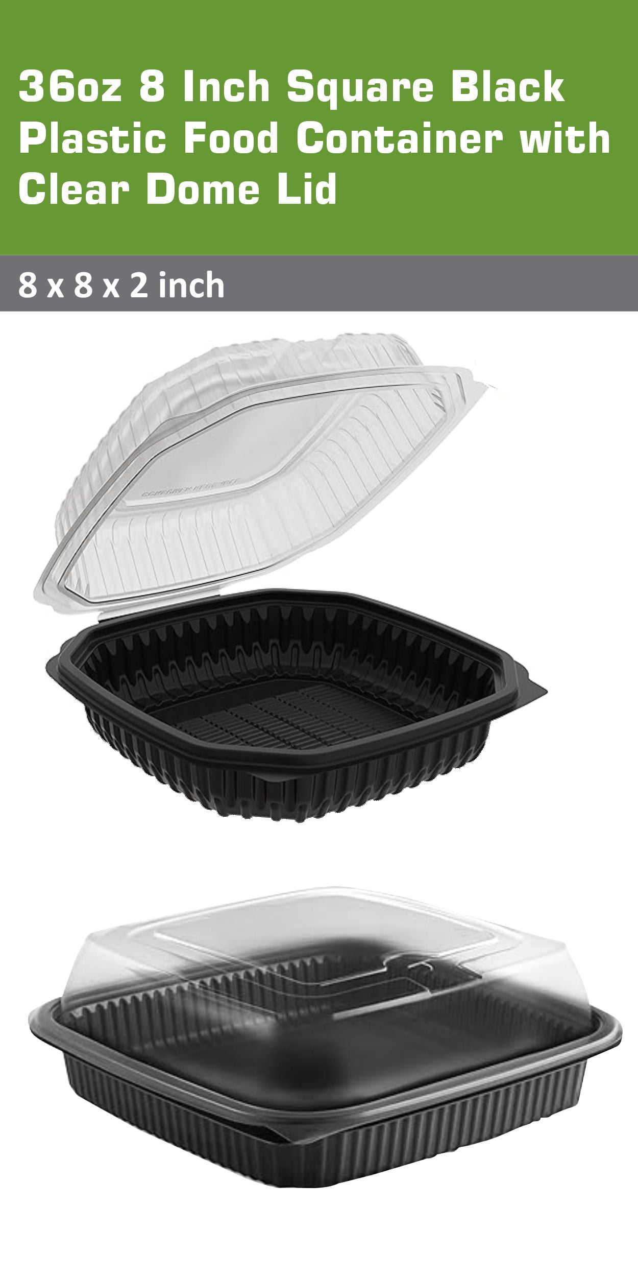 EcoQuality 36oz 8" Square Black Container with Clear Dome Lid, Reusable Bento Box, Food Storage Containers | BPA Free | Stackable | Lunch Boxes, Microwave/Dishwasher/Freezer Safe (25)