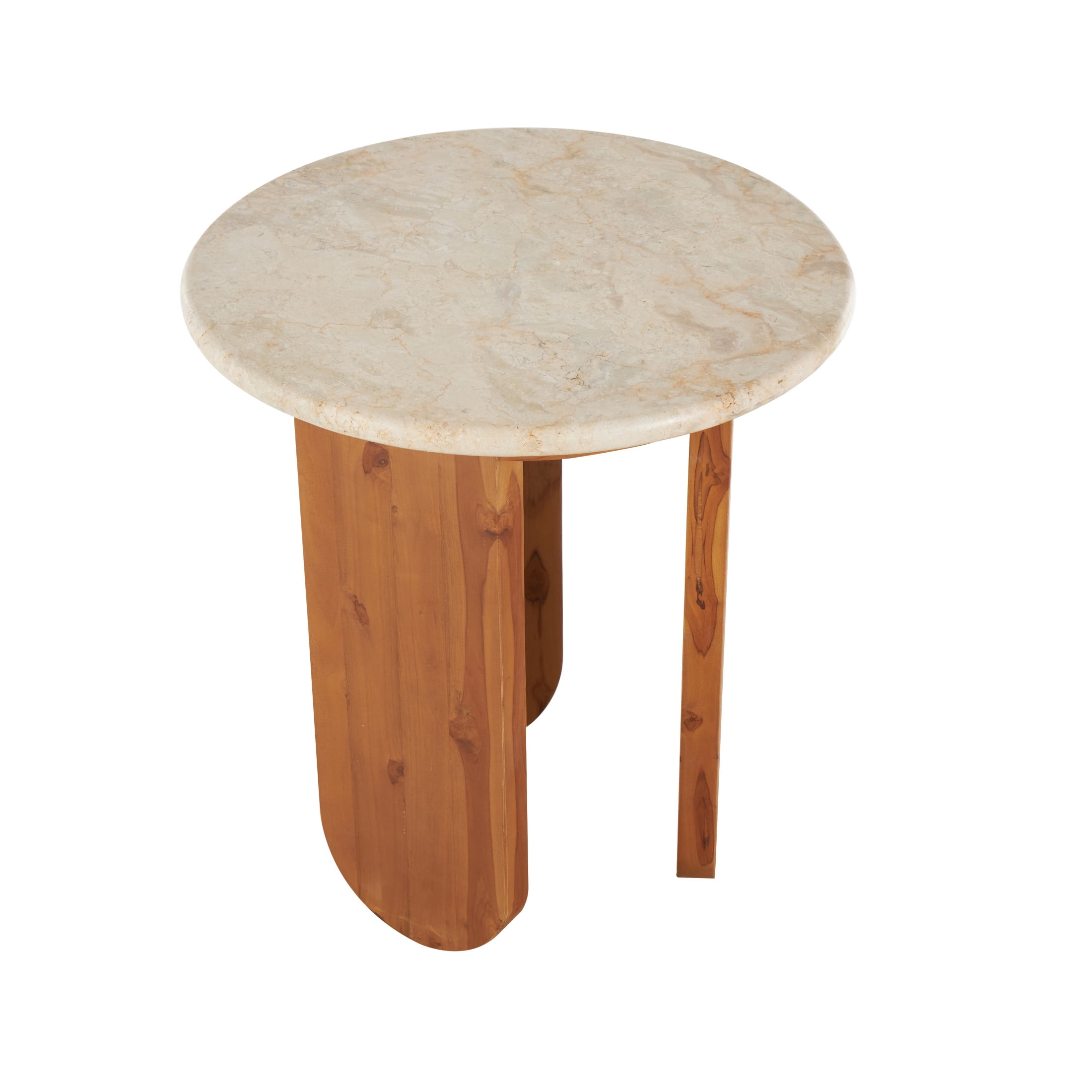 DecMode 20" x 22" Brown Teak Wood Handmade Accent Table with Beige Marble Tabletop, 1-Piece