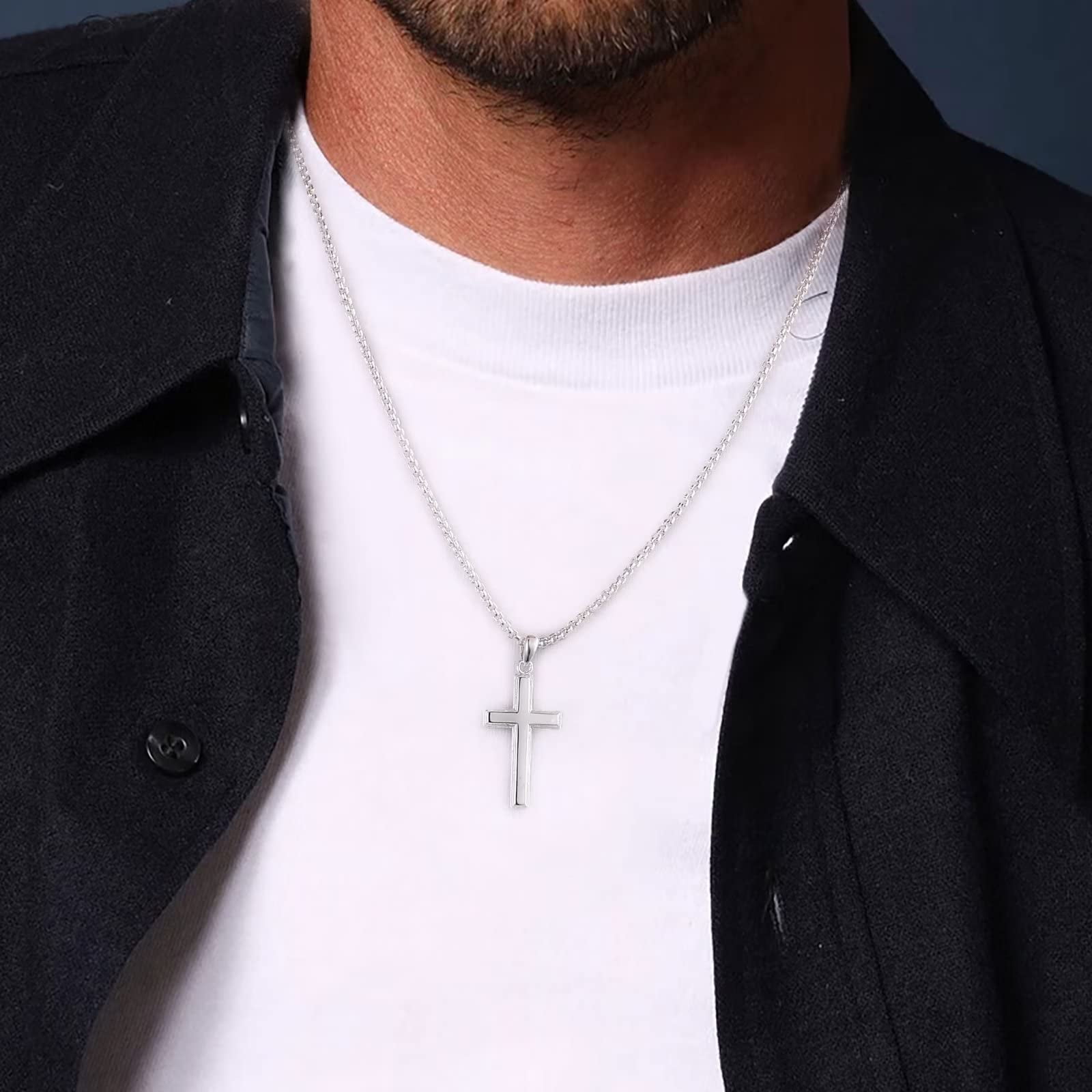 Turandoss 925 Sterling Silver Cross Pendant Necklace for Men Boys 18K Black Plated 16-22 inch Box Chain Mens Jewelry Christian Religious Valentine's Day Birthday Gifts for Men Father Husband Grandpa