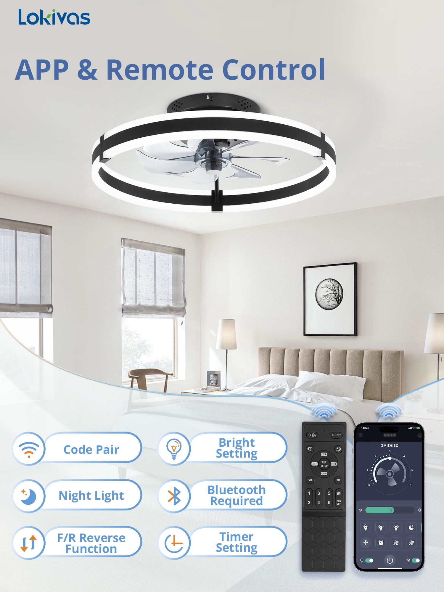 Lokivas 20" Black Modern Ceiling Fan with Light, Flush Mount, Quiet 6 Speeds, Dimmable LED, App and Remote Control for Indoor
