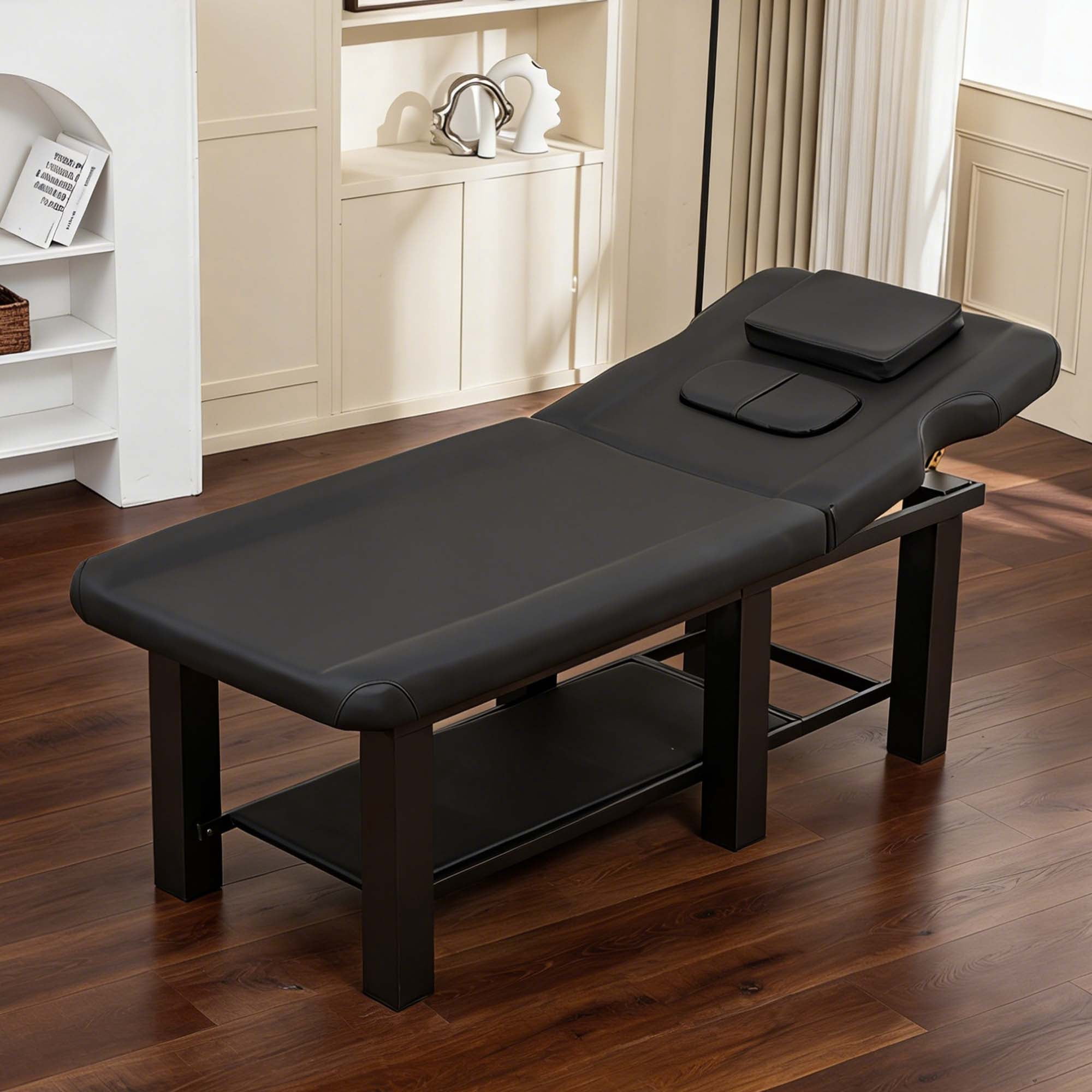 Miniyam 72.7" x 27.5" x 24.0" Massage Table – Adjustable Backrest 0-15°, Detachable Headrest, Bottom Storage, Waterproof Cushion, Steel Frame, 330 lbs – Black