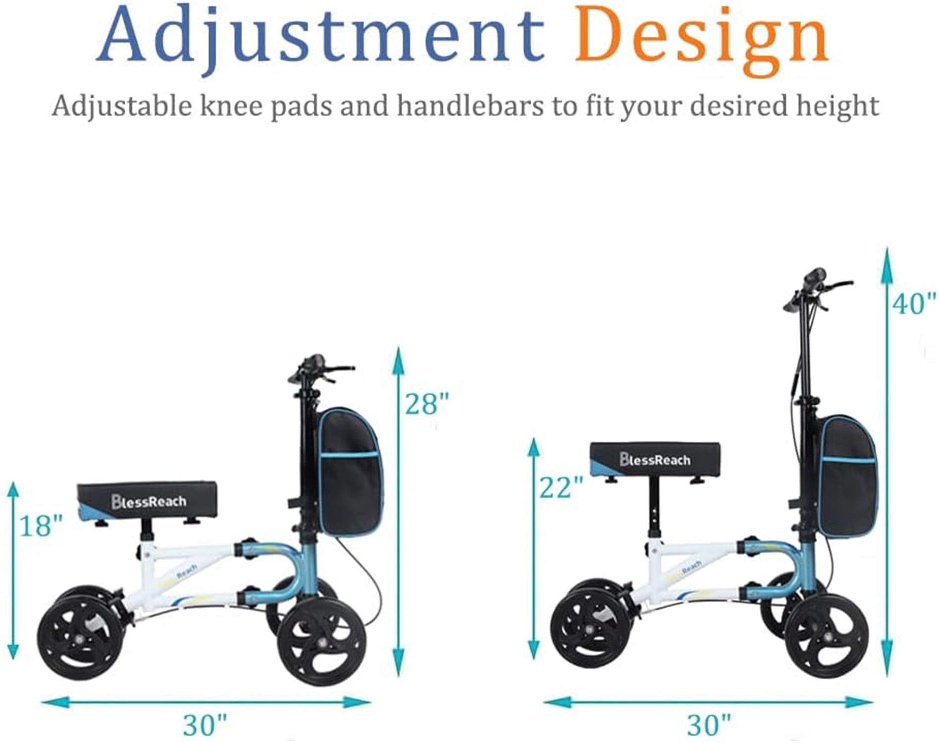 Blessreach Adjustable Blue Knee Walker Scooter with Basket, 300 lb Limit
