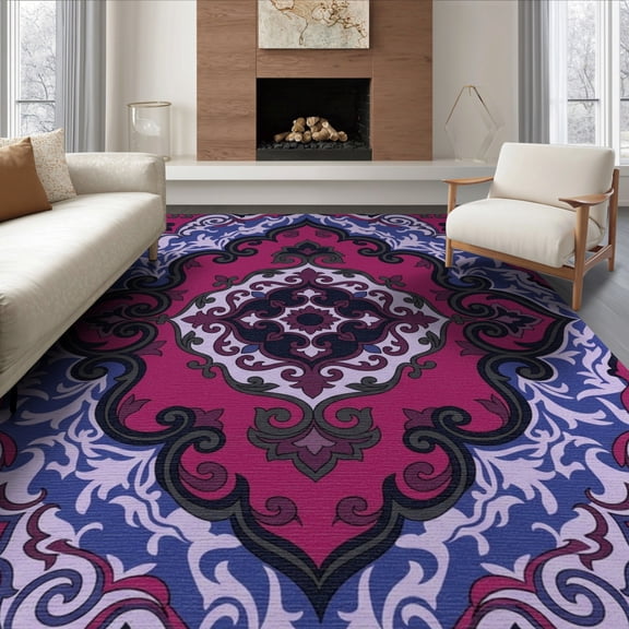 ODIKA 6'x9' Washable Area Rug Purple Plum Against Pale Crisp Edges Swirling Paths Artwork Pink for Dining Room, Under Table, Office Décor, Non-Slip Chair-Friendly