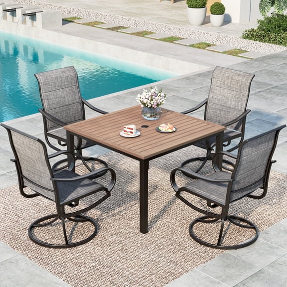 SUMMIT LIVING 5-Piece Outdoor Patio Dining Set with High-Back Swivel Sling Chairs & Wood-Like Table for 4-Person, Black & Grayish Brown