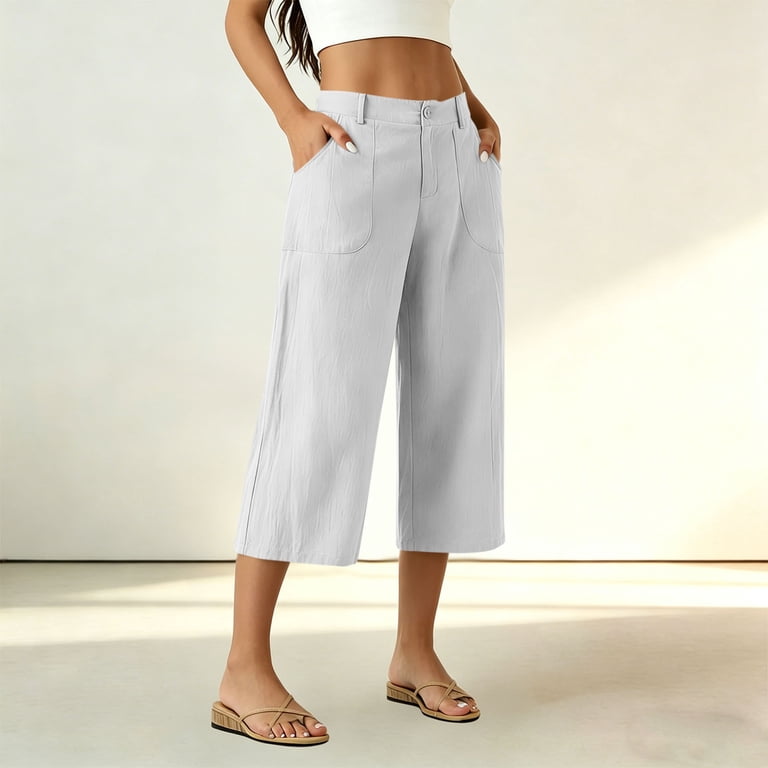 SOOMLON Flowy Capris for Women Plus Size Straight Leg Chino Pants Button Linen  Pants Beach Vacation Clothes with Pockets - Walmart.com