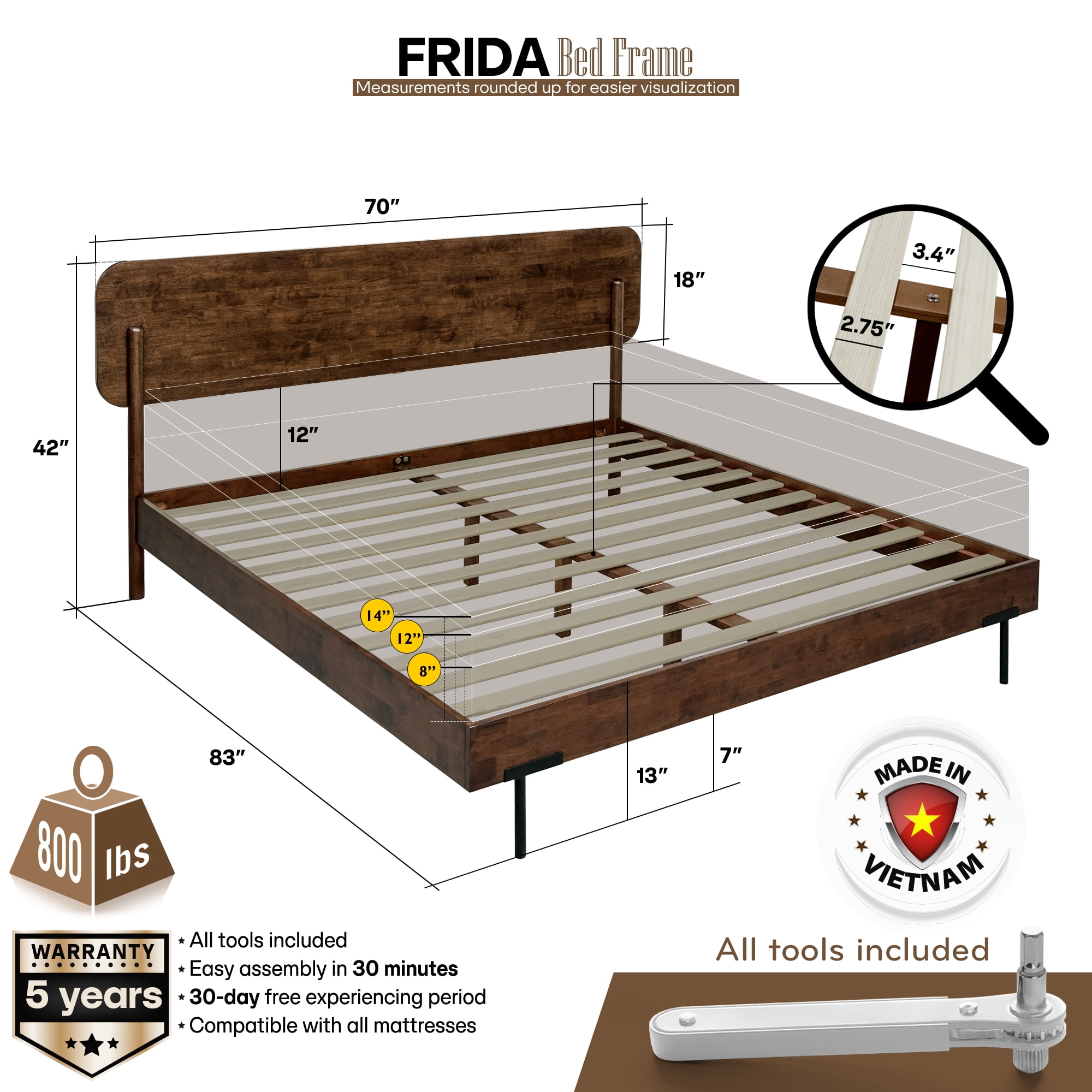 Acacia Frida Bed Frame with Headboard Solid Wood Platform Bed, 800 lbs Capacity Signature High Headboard Wood Bed Compatible with All Mattress Types, 30 Mins Assembly, Bed Frame Queen Size, Walnut