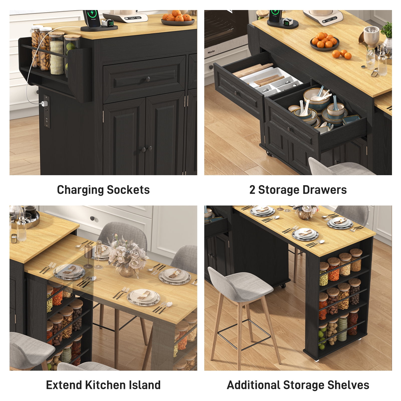 Blotout Large Extendable Kitchen Island Cart (80"-48") - Rolling on Wheels, with Extendable Dining Table, Power Outlet, 2 Cabinets, 2 Drawers & 3 Open Shelves